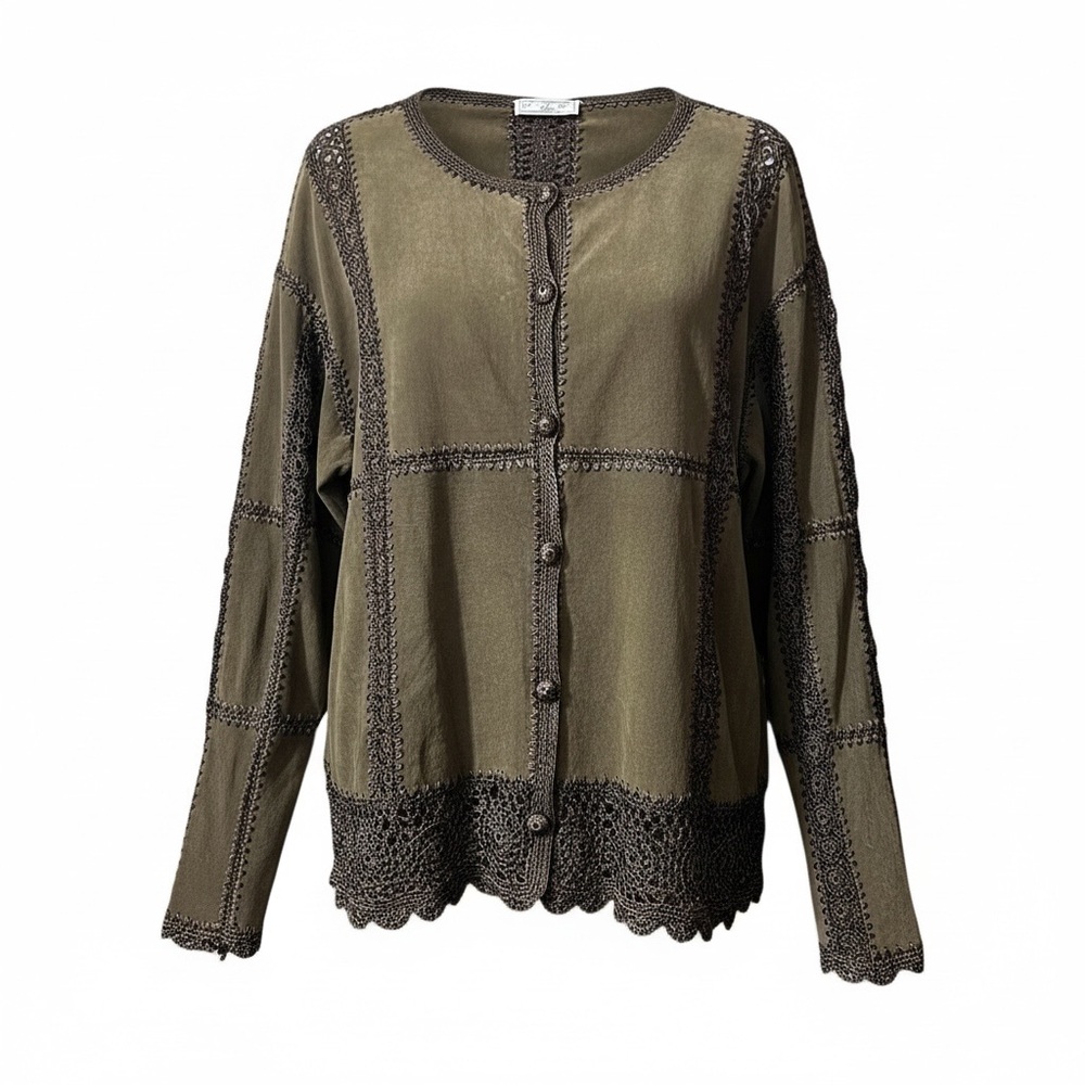 Vintage S.M.H Woman Olive Green Patchwork Leather Crochet Jacket Granny-core XL